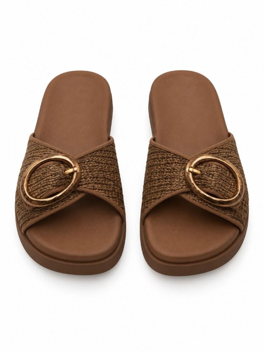 Steve Madden Mandie Slide Sandals Raffia Sz 5.5 Tan Slip On Buckle Flat Comfort